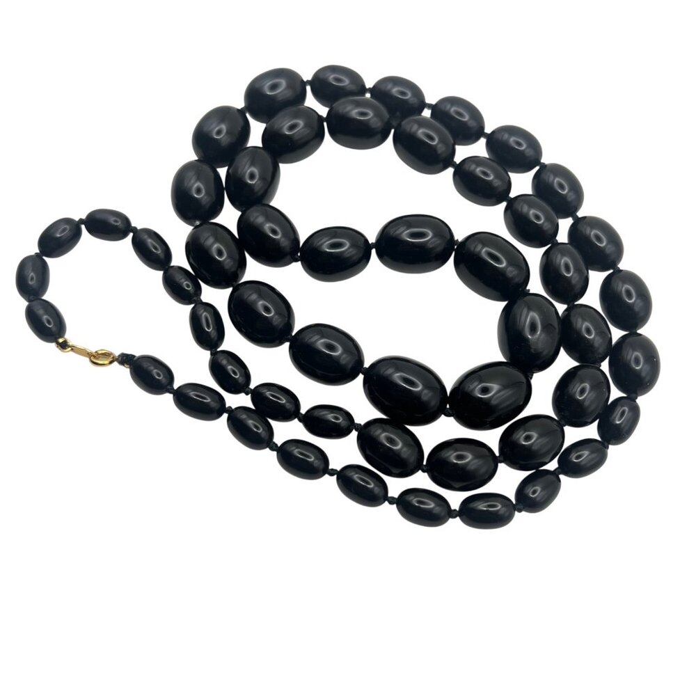 Signed Trifari Necklace Vintage 34" Black Acrylic Bead Graduated Single Strand